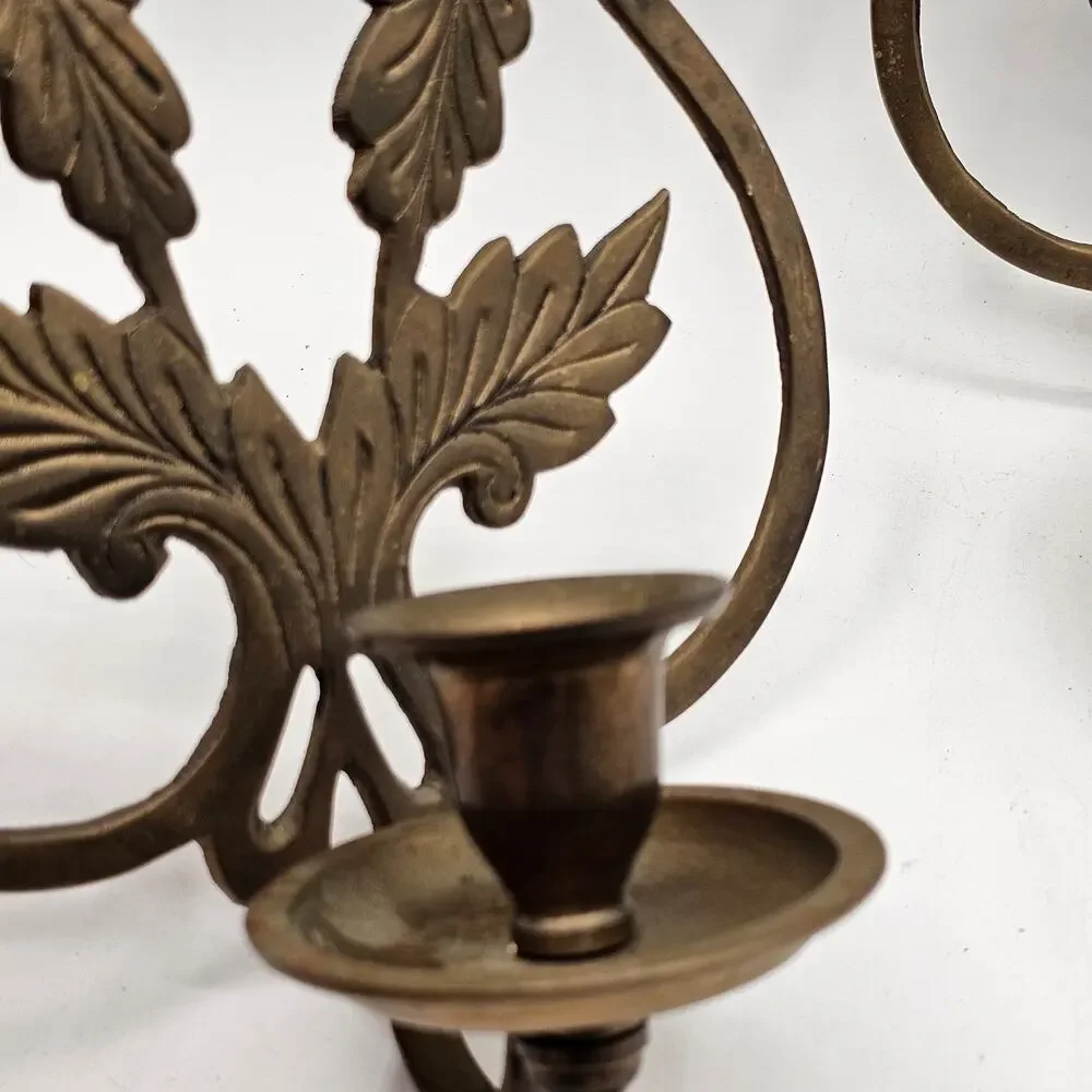 Vintage Solid Brass Wall Sconce Candle Holder Flowing Leaf Etched India